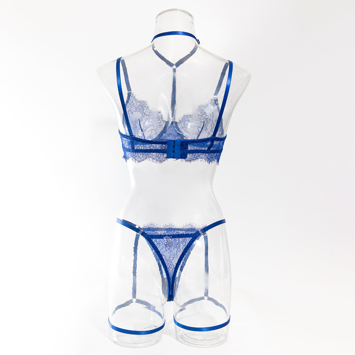 European and American Cross-Border Sexy Lingerie Four-Piece Set Sexy Hollow Lace Eyelash Halter Neck Lingerie with Detachable Leg Rings