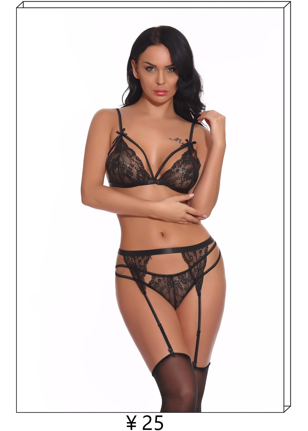 Cross-border New European and American Source Sexy Lace Lingerie Deep V Strappy Jumpsuit Hollow Out See-through Bodysuit