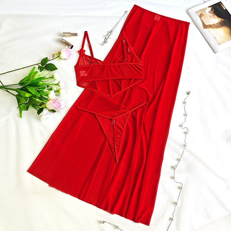 Amazon Foreign Trade European and American Sexy Lingerie Sexy See-through Mesh Slit Long Dress Three-piece Set Sexy Set