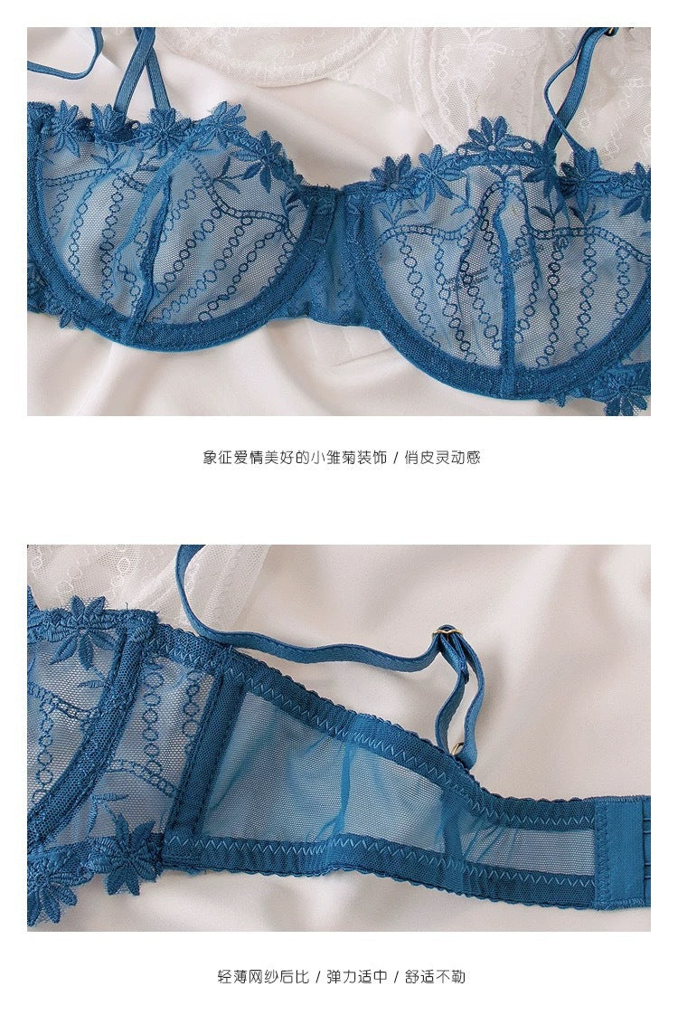 Cross-Border European and American Style French Lace Sexy Lingerie Ultra-Thin See-Through Half-Cup Embroidery Big Chest Minimizer Sexy Lingerie Set