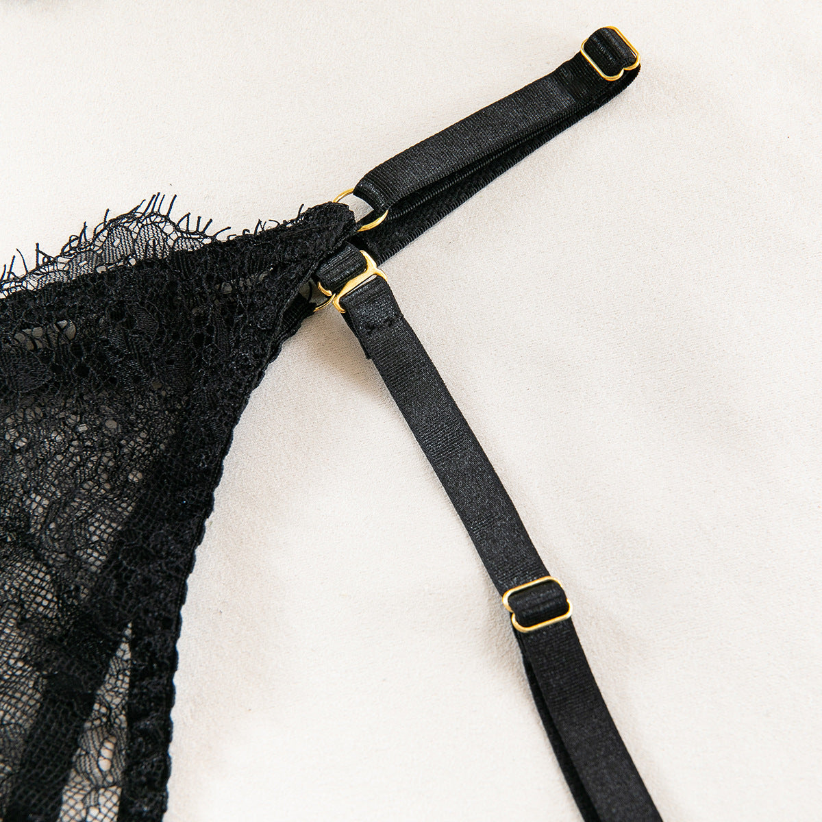 European and American Cross-Border Sexy Lingerie Four-Piece Set Sexy Hollow Lace Eyelash Halter Neck Lingerie with Detachable Leg Rings