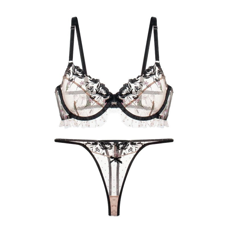 INS Cross-Border European and American Sexy Lingerie Ultra-Thin Floral Embroidery Lace Large Bust Minimizer Plus Size Bra Set