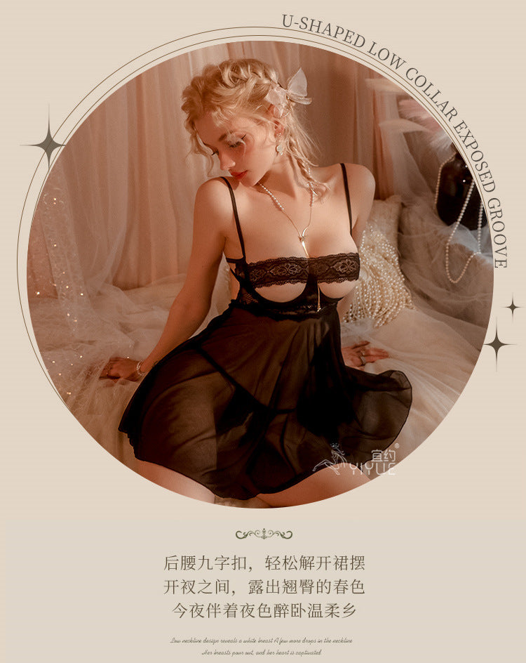 Yiyue Sexy Lingerie New Sexy Strap Lace Temptation Open Crotch Nightdress Hot See-through Uniform Wholesale8564