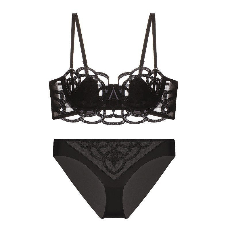 French Style Sexy Lingerie for Women, Thin Transparent Breathable Lace Bra, Minimizing Large Bust, Side Breast Collection, Push-Up Bra Set