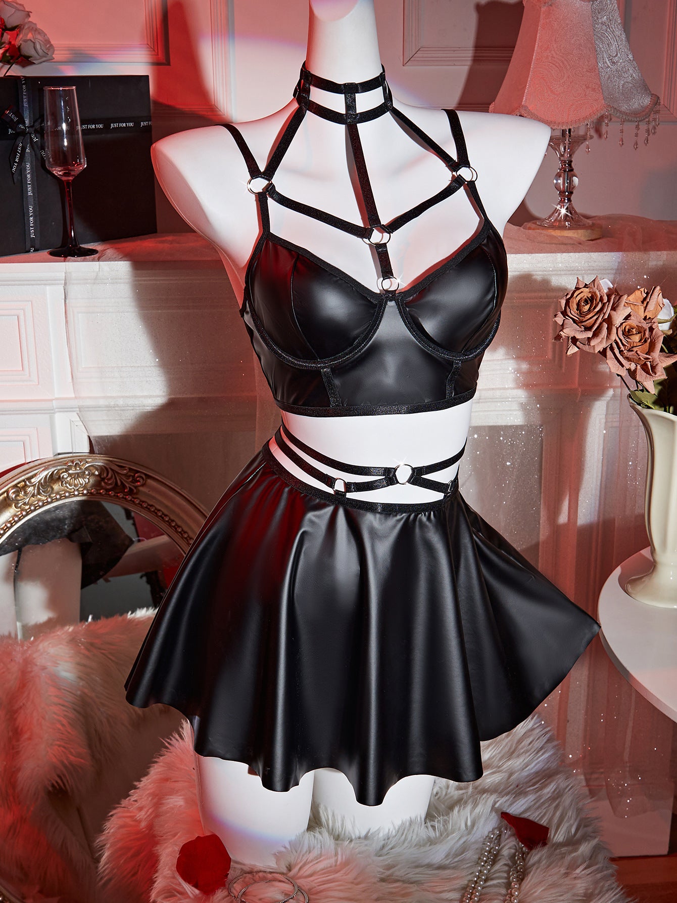 Amazon cross-border best-selling sexy lingerie PU Leather Passion Temptation Uniform Strap Thong Three-Piece Set for Women