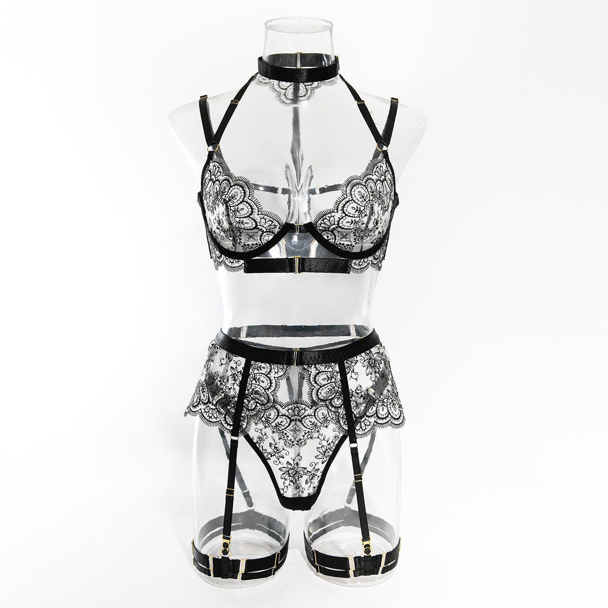 Foreign Trade High-Quality Sexy Lingerie Embroidered Eyelash Edge Large Bust Minimizer Sexy See-Through Front Open Four-Piece Set