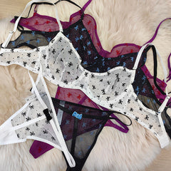 European and American Cross-Border Hot-Selling Sexy Lingerie for Women Ultra-Thin Flocked Printed Mesh Lace French Lingerie Set