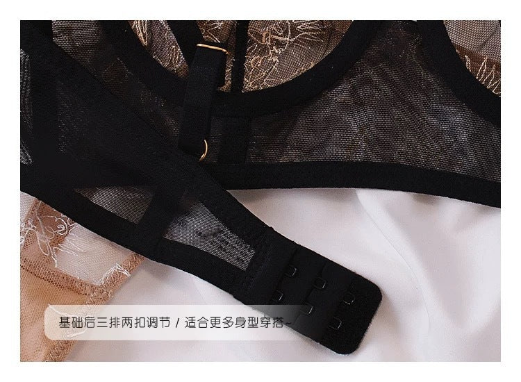Cross-Border Hot-Selling Sexy Lingerie Ultra-Thin Transparent French Lace Lingerie Large Bust Minimizer Plus Size Bra Set