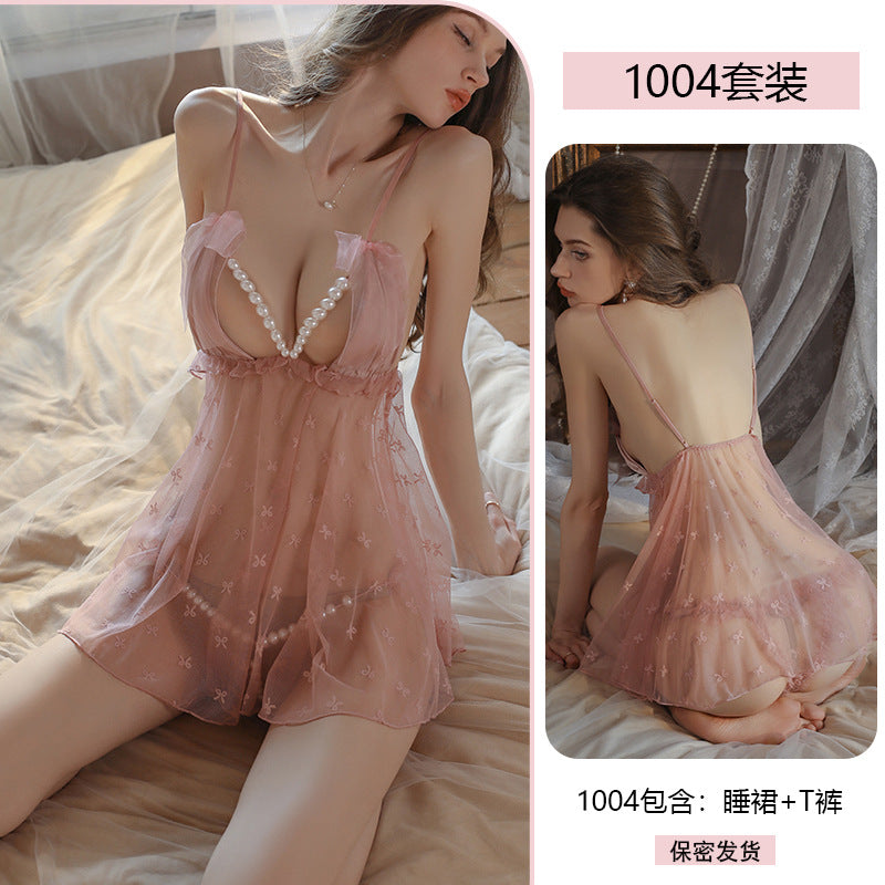 Yiyue Sexy Strap Nightdress Pearl Crotchless Transparent Temptation Sexy No-Remove Lingerie Bed Flirting Sleepwear1004