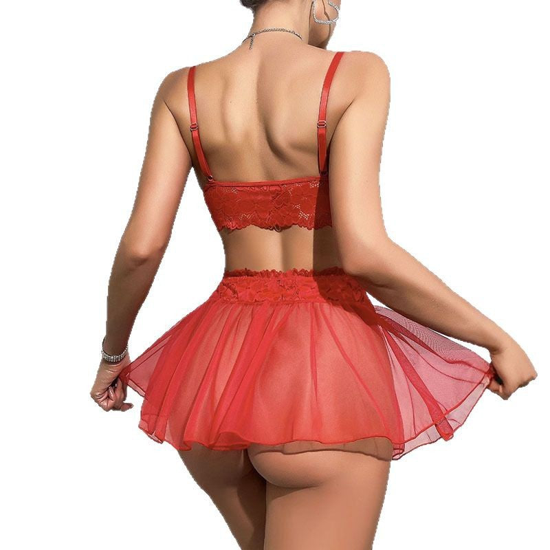 Amazon European and American Cross-Border Sexy Lingerie Lace See-Through Temptation Bra Short Skirt Thong Three-Piece Set