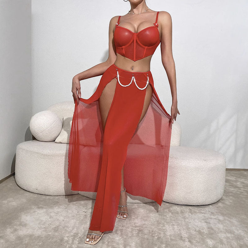 Amazon Foreign Trade European and American Sexy Lingerie Sexy See-through Mesh Slit Long Dress Three-piece Set Sexy Set