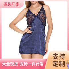 Cross-Border E-commerce Amazon PlusSize V Collared Nightdress Satin Nightdress Lace Chemise Russian Source Lingerie