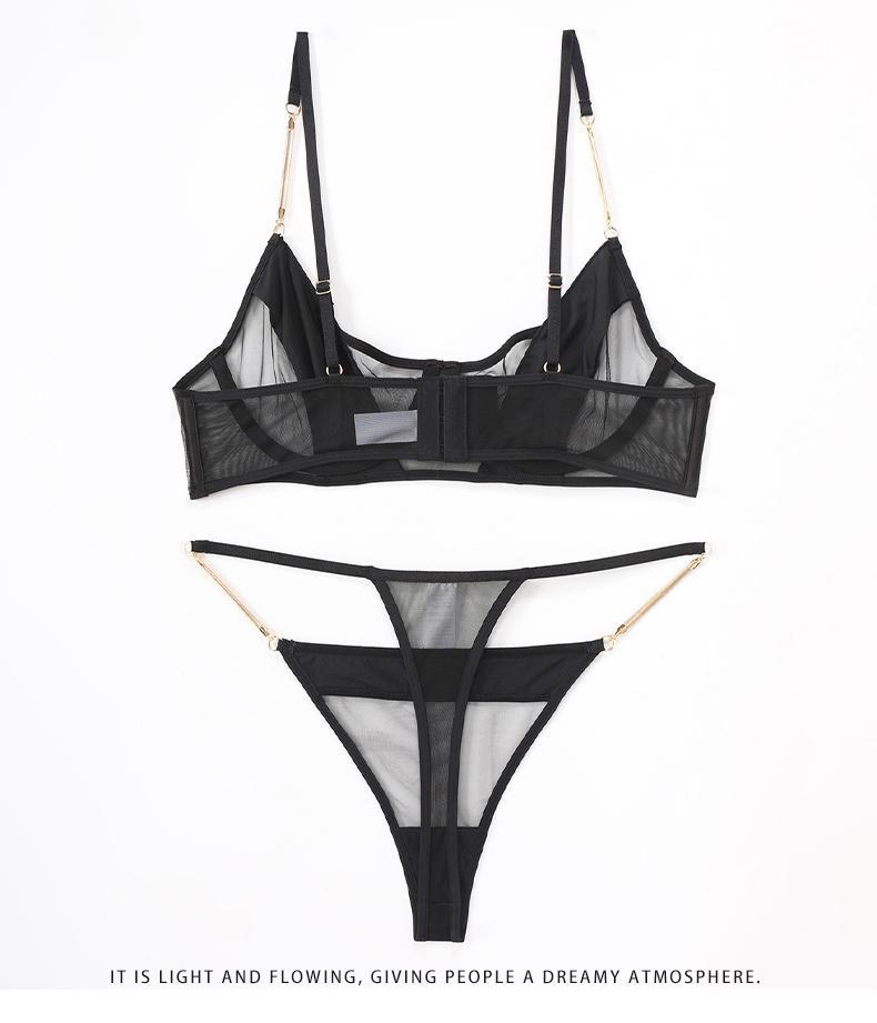 Cross-Border Sexy Lingerie Thin See-Through Mesh French Style Bra Large Bust Minimizer Plus Size Bra and Thong Set
