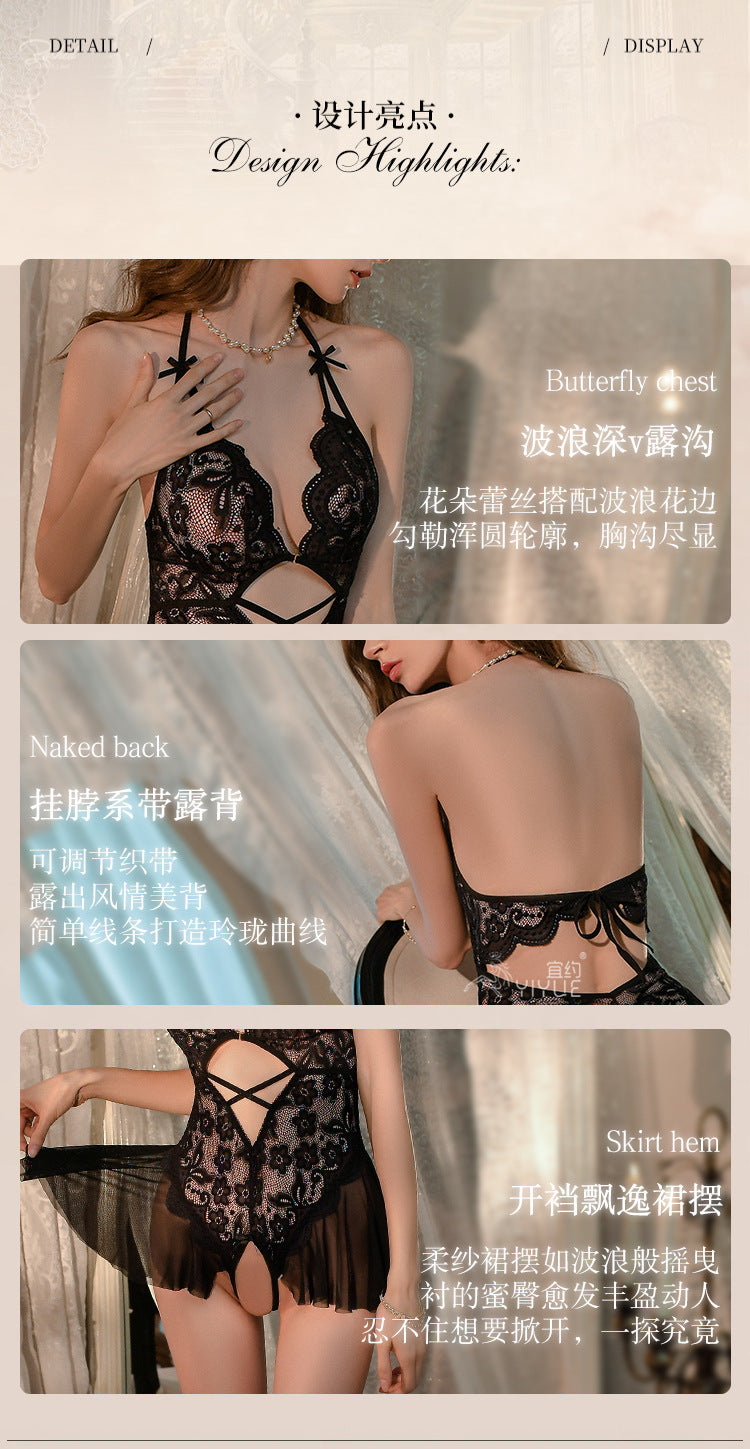 Yiyue Sexy Lingerie Lace Halter Temptation Bodysuit Women Open Crotch Uniform No-Remove Pajama Set1062