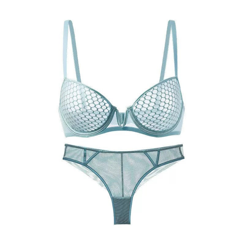 Cross-Border European and American Sexy Lingerie Set Ultra-Thin Honeycomb Pattern Soft Underwire Bra Large Bust Minimizer Anti-Sagging Bra for Women
