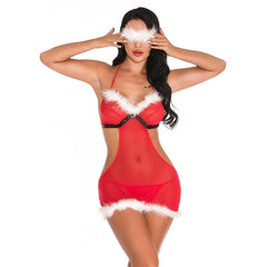 Christmas Outfit Halter Neck Deep V Collared Jumpsuit Waist-Exposing Strap Sexy Lingerie Christmas Uniform for Women with Eye Mask