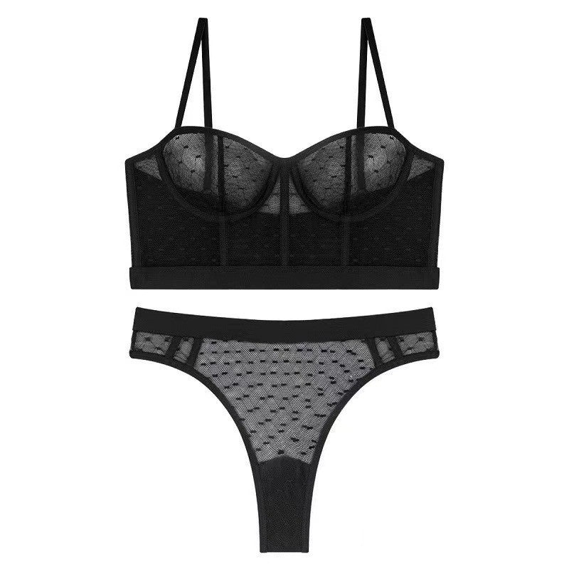 Cross-border French Lace Lingerie Ultra-thin Sheer Mesh Underwire Bra T Sexy lingerie set with pants that make large busts appear smaller