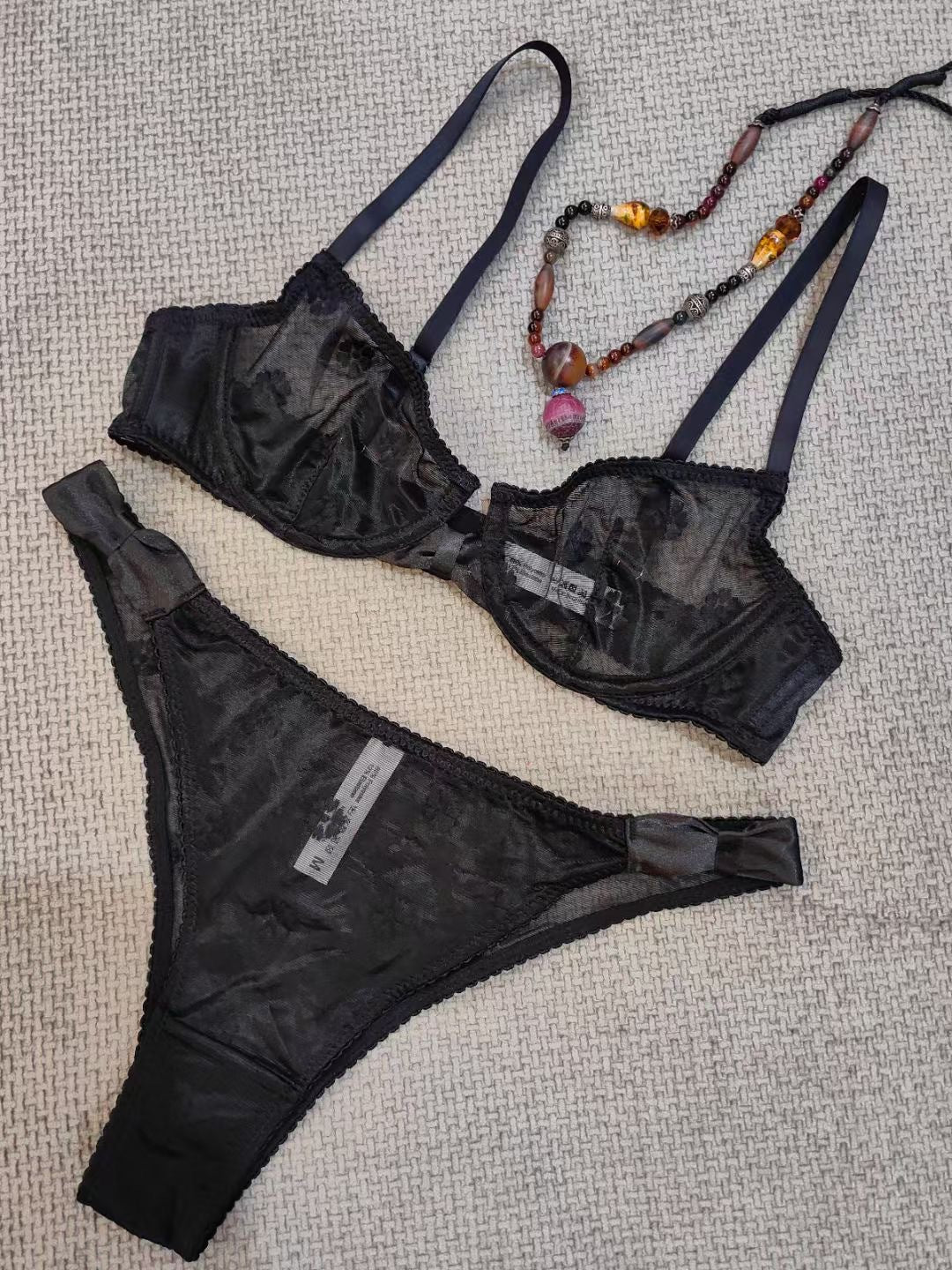 Cross-Border Hot-Selling Sexy Lingerie Summer Thin Large Bust Minimizing Sheer Flocked Embroidery Erotic Lingerie Women Two-Piece Set