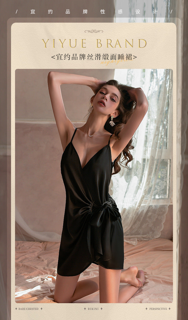 Yiyue Sexy Lingerie Pure Desire Ice Silk Satin Deep V Strappy Nightdress Hot Uniform Temptation Pajamas8908