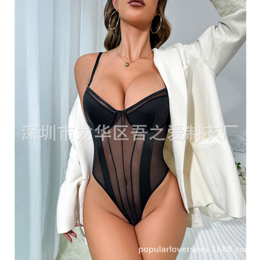 Cross-border New Mesh See-through Sexy Hollow Out Erotic Bodysuit Satin Patchwork Deep V Lightweight Underwear with Underwire