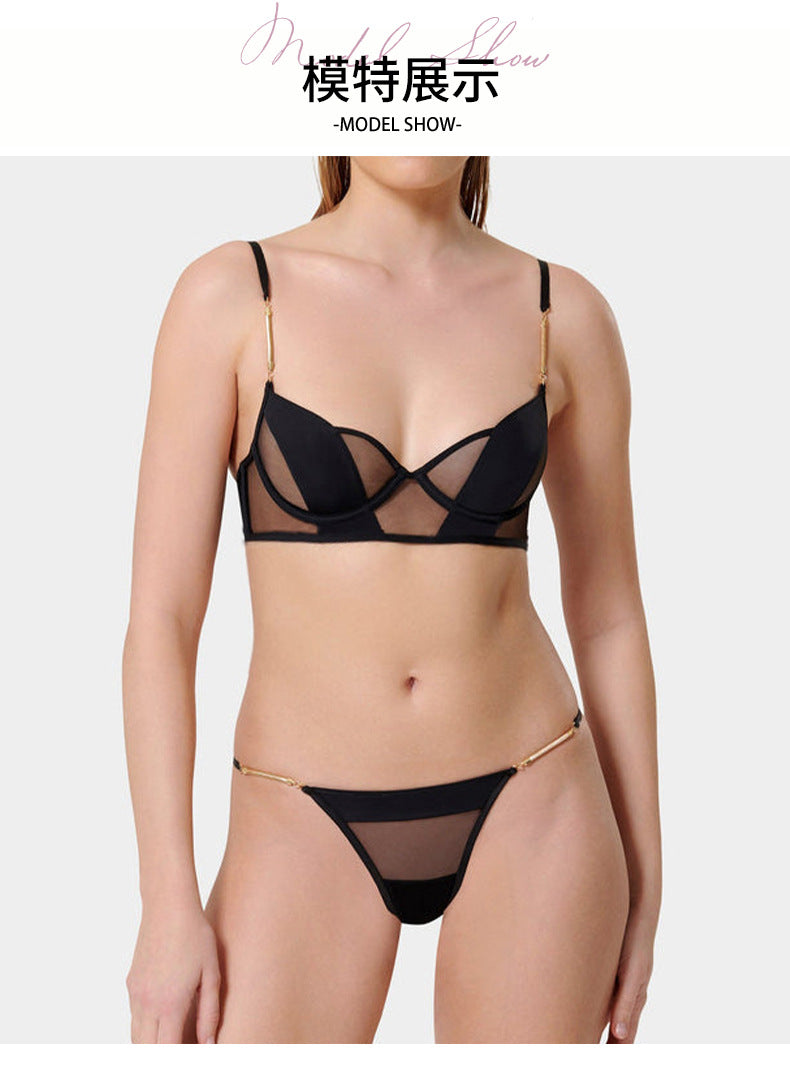 Cross-Border Sexy Lingerie Thin See-Through Mesh French Style Bra Large Bust Minimizer Plus Size Bra and Thong Set