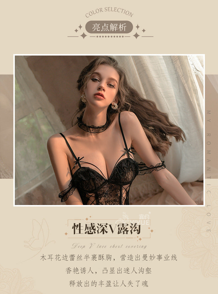 Yiyue Sexy Lingerie Lace Temptation Open Crotch Bodysuit Women's Sleepwear No-Removal Uniform Set8658