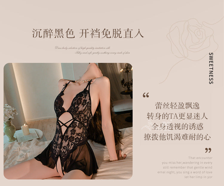 Yiyue Sexy Lingerie Lace Halter Temptation Bodysuit Women Open Crotch Uniform No-Remove Pajama Set1062
