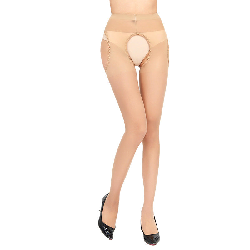 Sexy Core-Spun Silk Four-Cut Hollow Lace Erotic Stockings Four-Sided Crotch-Free Temptation Base Pantyhose7504