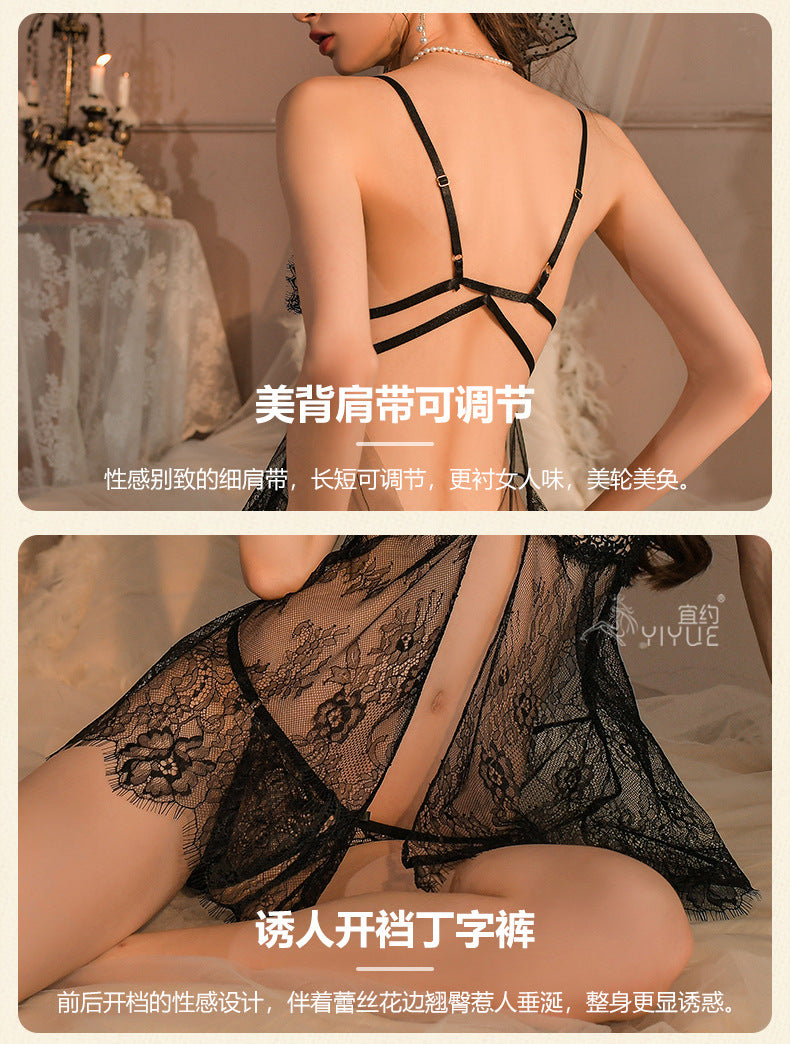 Yiyue Sexy Lingerie Sexy Strap Lace Temptation Underwire Push-Up Nightdress Hot See-Through Open Crotch Uniform8536