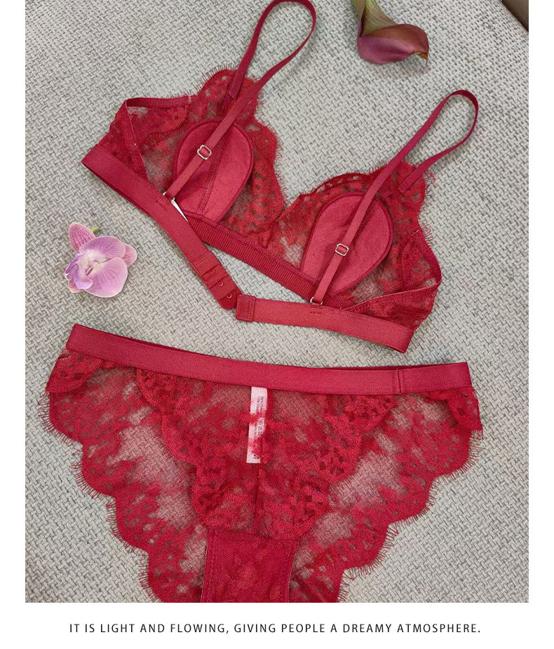 Cross-Border European and American Style Sexy Lingerie Thin Cotton Eyelash Lace Large Bust Minimizer Wireless Triangle Cup Bra Set