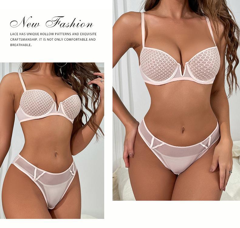 Cross-Border French Lace Lingerie Sexy Honeycomb Pattern Ultra-Thin Soft Underwire Bra Large Bust Minimizer Plus Size Bra Set