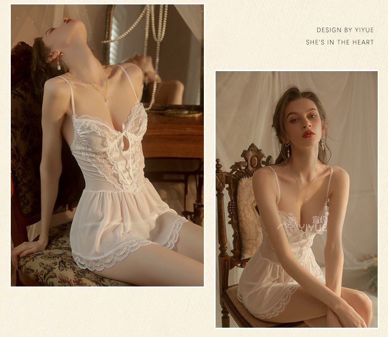 Yiyue Sexy Lingerie Sexy Strap Lace Temptation Nylon Mesh Thin Transparent Hot Hollow Nightdress8462