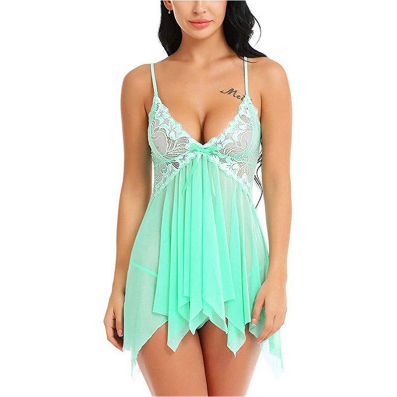 New European and American Spring Summer New Women's Sexy Lace Nightdress Lace Deep v Strappy Sexy Nightwear Homewear Set