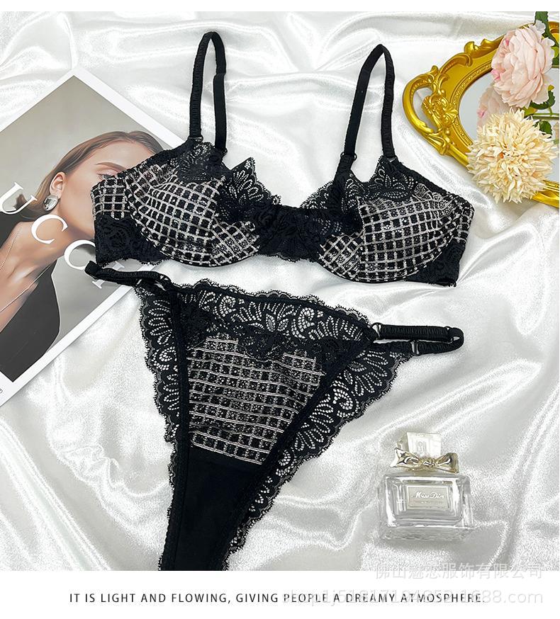 Cross-Border European and American Style French Lingerie Sexy See-Through Mesh Lace Plaid Large Bust Minimizer Push-Up Bra Set
