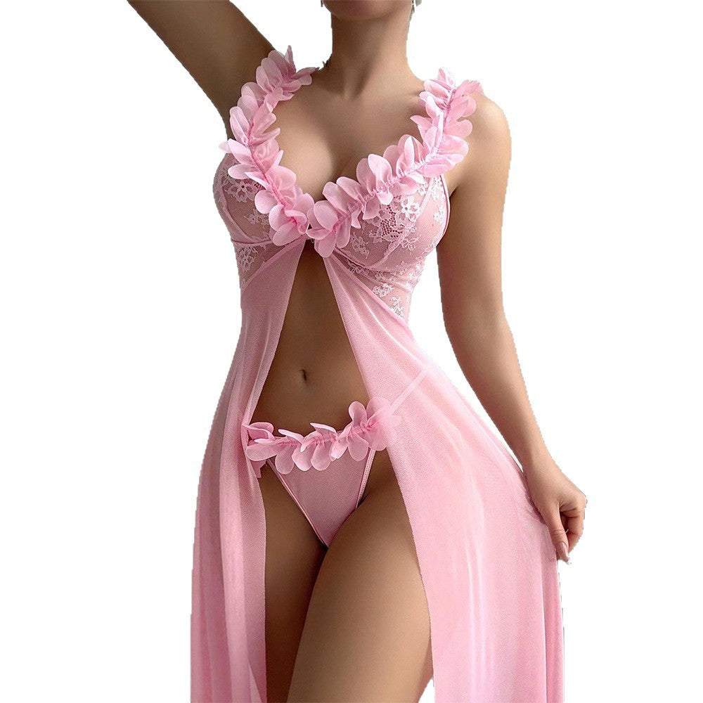 Cross-Border Foreign Trade Hot-Selling Sexy Nightdress for Women Temptation Split Lace Trim Sexy Nightgown Thong Two-Piece Set
