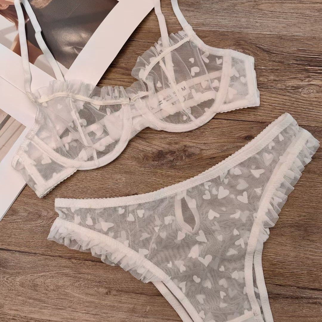 Summer Hot-Selling Cross-Border Sexy Lace Lingerie Big Chest Minimizer See-Through Heart Print Women's Erotic Lingerie Two-Piece Set