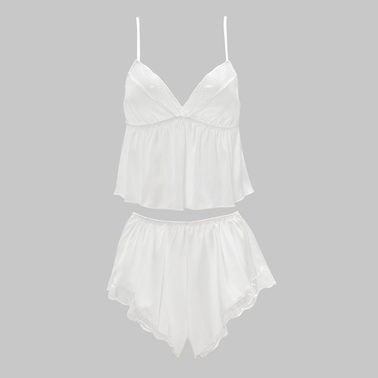 Foreign Trade Cross-Border Sexy Satin Nightdress Summer Thin Style V Comfortable Lace Pajama Set with Camisole and Shorts