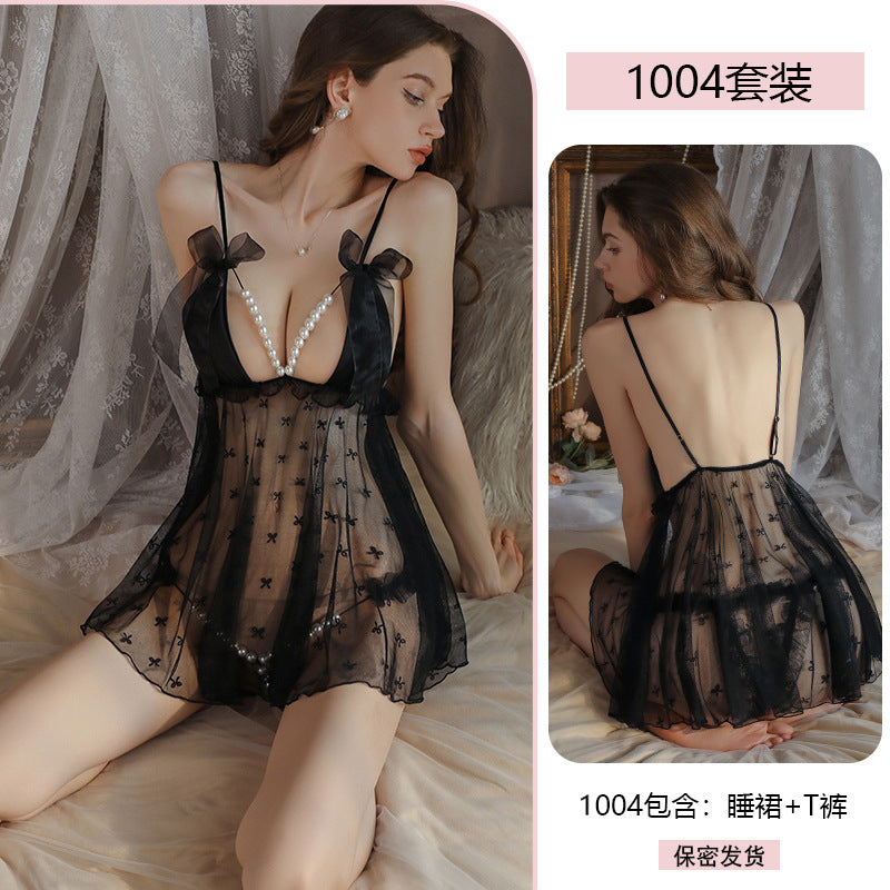 Yiyue Sexy Strap Nightdress Pearl Crotchless Transparent Temptation Sexy No-Remove Lingerie Bed Flirting Sleepwear1004