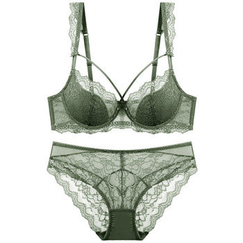 European and American Sexy Bra Set Ultra-thin Semi-transparent Half Cup Lace Bra Small Chest Push-up Anti-sagging Plus Size Bra