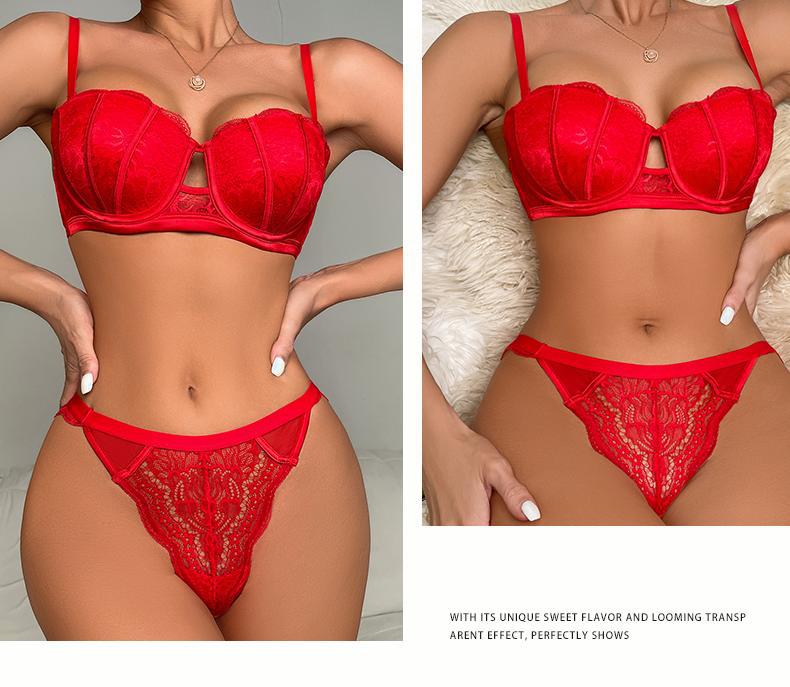 Cross-Border European and American Sexy Lingerie Half Cup Hollow Embroidery Lace Bra Small Chest Push-Up Side Breast Collection Lingerie Set
