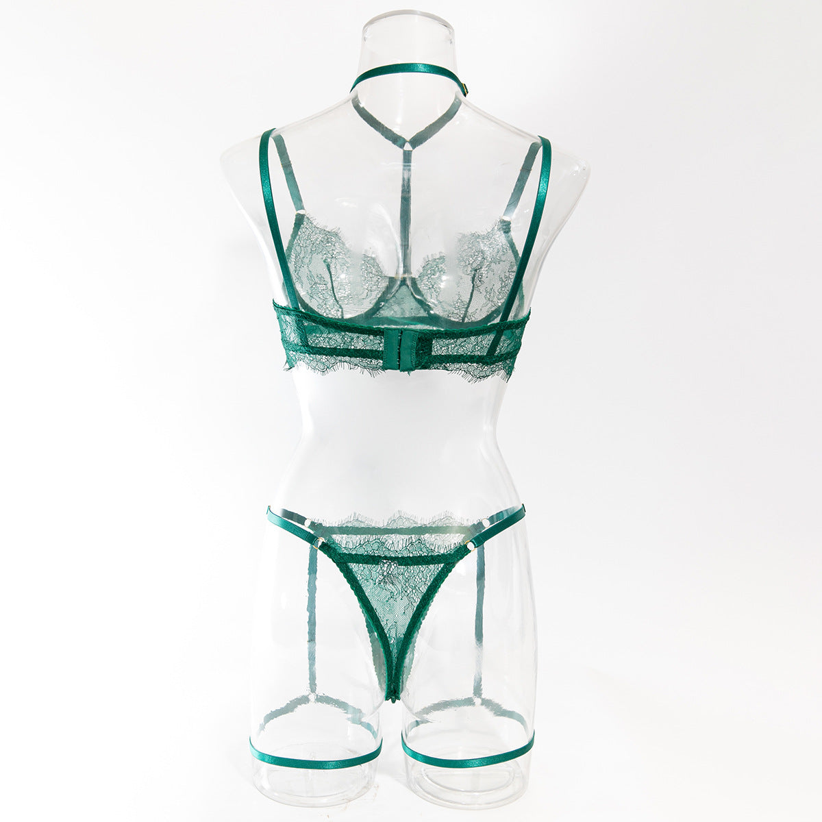 European and American Cross-Border Sexy Lingerie Four-Piece Set Sexy Hollow Lace Eyelash Halter Neck Lingerie with Detachable Leg Rings