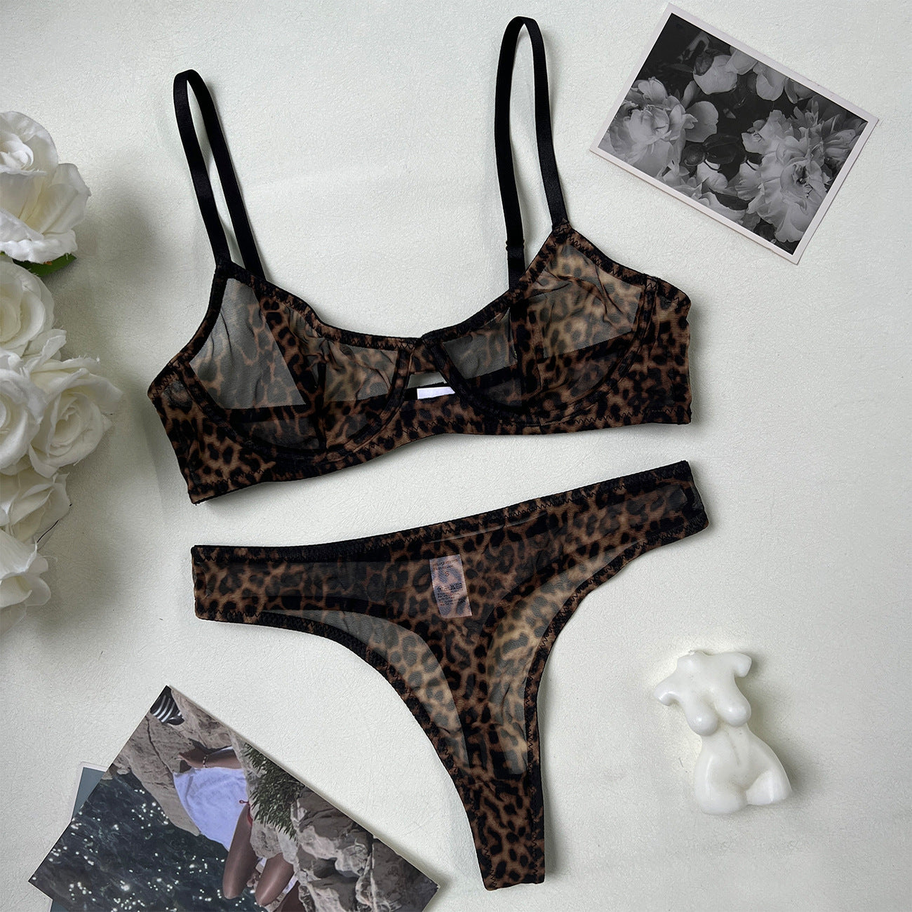 European and American Cross-Border Sexy Lingerie Big Chest Minimizer Ultra-Thin See-Through Leopard Mesh Temptation Sexy Bra Two-Piece Set for Women