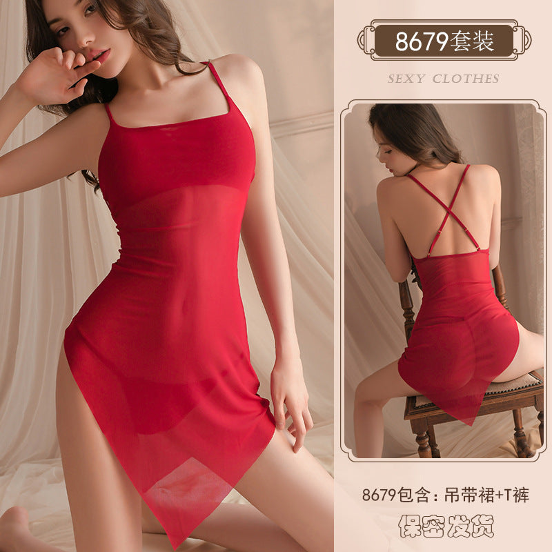 Yiyue Sexy Lingerie Sexy Strap Nightdress Hot See-through Thin No-take-off Pajamas Passion Small Chest Uniform8679