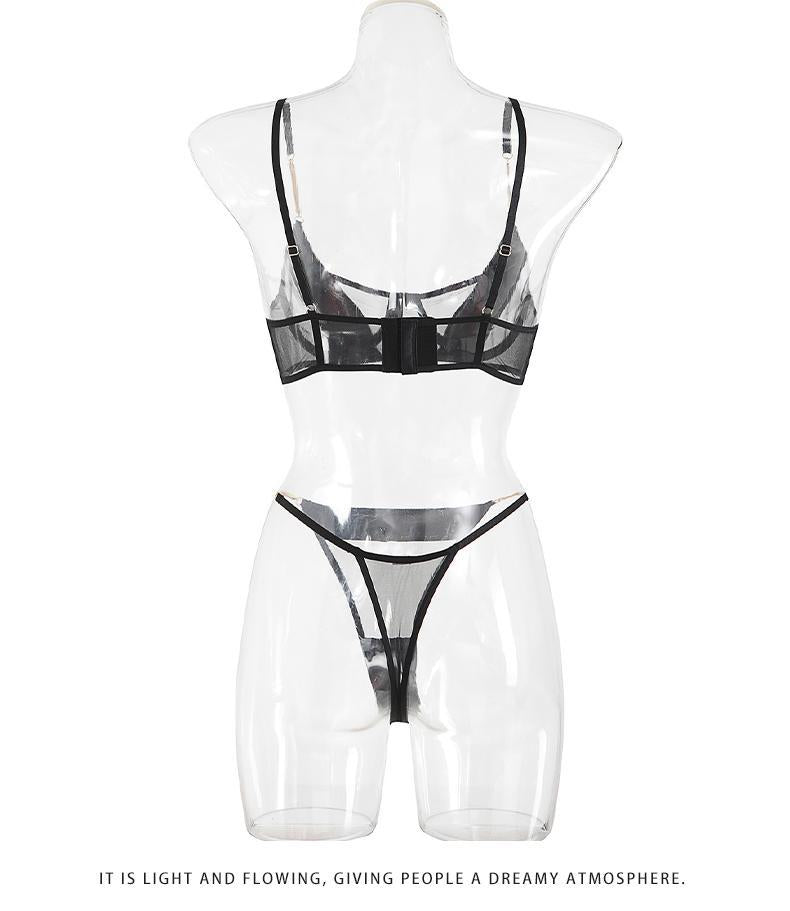 Cross-Border Sexy Lingerie Thin See-Through Mesh French Style Bra Large Bust Minimizer Plus Size Bra and Thong Set