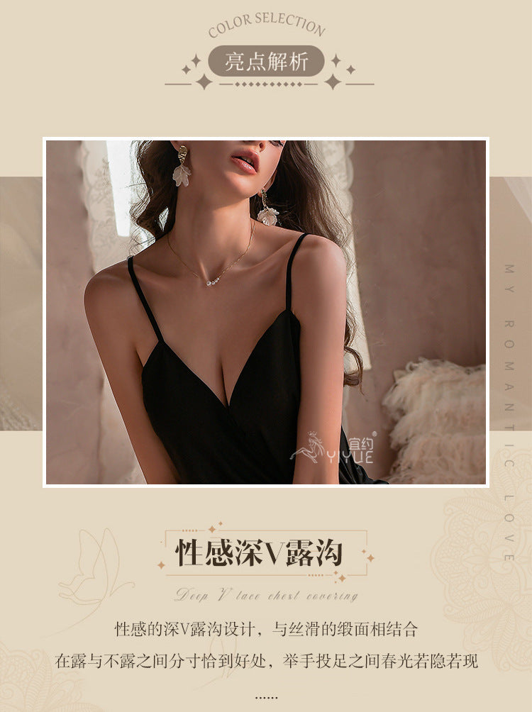 Yiyue Sexy Lingerie Pure Desire Ice Silk Satin Deep V Strappy Nightdress Hot Uniform Temptation Pajamas8908