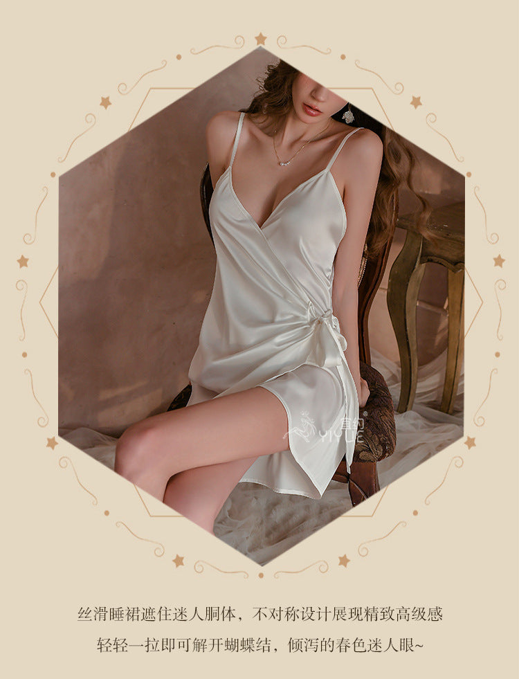 Yiyue Sexy Lingerie Pure Desire Ice Silk Satin Deep V Strappy Nightdress Hot Uniform Temptation Pajamas8908