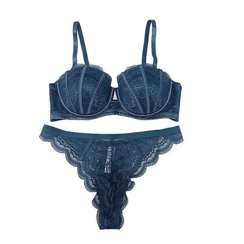 Cross-Border European and American Sexy Lingerie Half Cup Hollow Embroidery Lace Bra Small Chest Push-Up Side Breast Collection Lingerie Set
