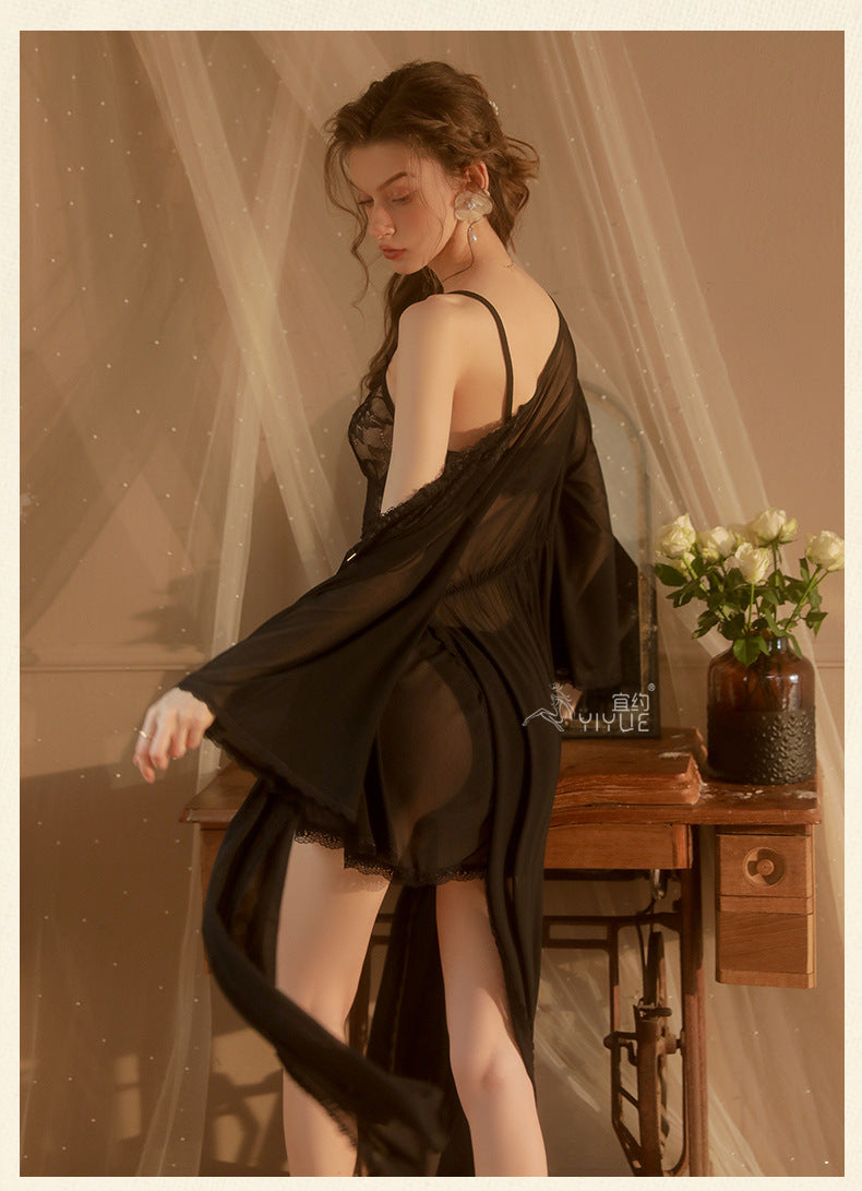 Yiyue Sexy Lingerie Sexy Strap Lace Temptation Nightdress Hot See-through Mesh Plus Size Nightgown Set8449
