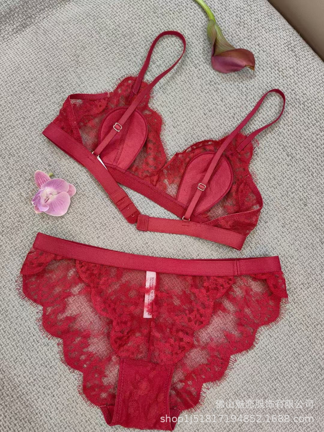 Cross-Border European and American Style Sexy Lingerie Thin Cotton Eyelash Lace Large Bust Minimizer Wireless Triangle Cup Bra Set