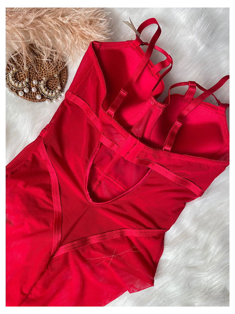 European and American New Sexy Temptation Lace Bra Tight-Fitting Push-Up Micro Shaping Bodysuit French Slimming One-Piece Lingerie